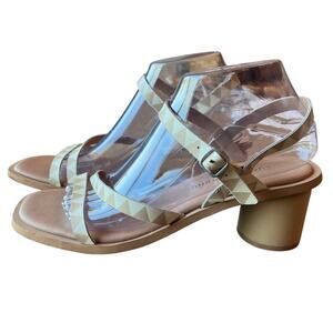 Lucky Brand Pimae Sandals Heels Size 9 Tan Round Heel Buckle Strappy Geometric